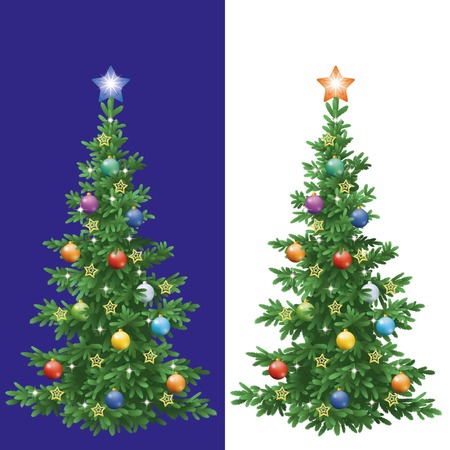 Christmas holiday fir tree with decorations: balls and stars, isolated. のイラスト素材