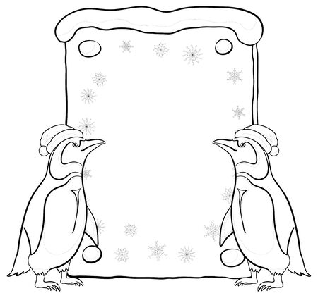 Antarctic emperor penguins in a Santa Claus hats with a Christmas poster for your text, black contour on white background. Vectorのイラスト素材