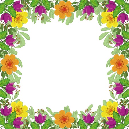 Floral pattern, frame of flowers and green leafs isolated on white background. Vectorのイラスト素材