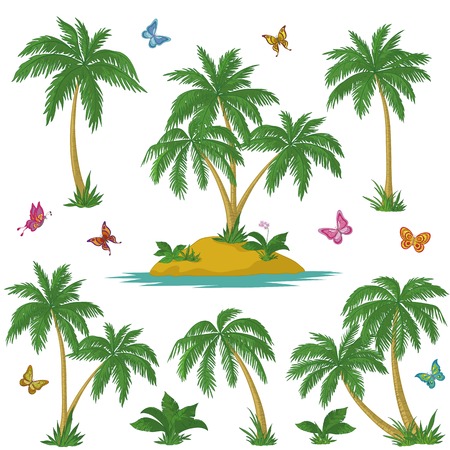 Tropical set: sea island with plants, palm trees, flowers and butterflies. Vectorのイラスト素材