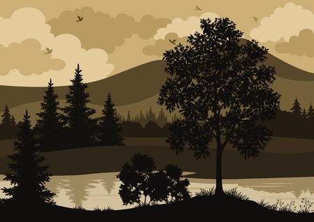 Landscape, trees, river, mountains and birds, silhouette. Vectorのイラスト素材