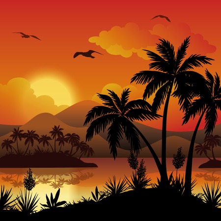 Tropical landscape, sea islands with palm trees, flowers, mountain, clouds, sun and birds gulls, black silhouettes on red - yellow background. Eps10, contains transparencies. Vectorのイラスト素材