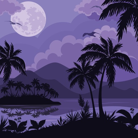 Exotic tropical night landscape with moonlit sky, sea islands with palm trees and flowers silhouettes. Element of this image furnished by NASA (www.visibleearth.nasa.gov). Vectorのイラスト素材