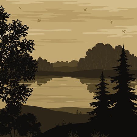 Evening landscape, trees, river and birds silhouette. Vectorのイラスト素材