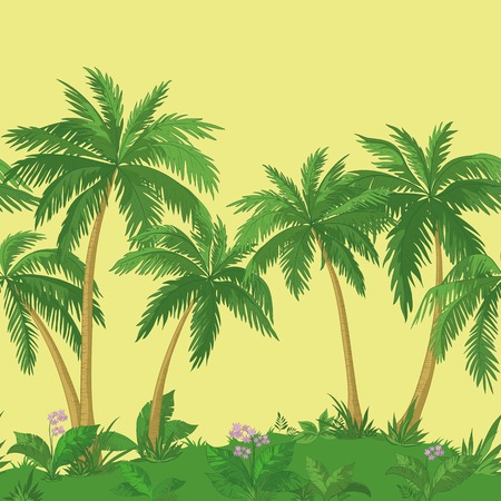 Exotic seamless background, landscape, green palm trees, flowers and yellow sky.のイラスト素材
