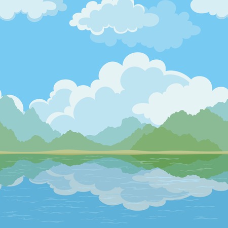 Exotic seamless background, landscape, sea, mountains and cloudy sky. のイラスト素材