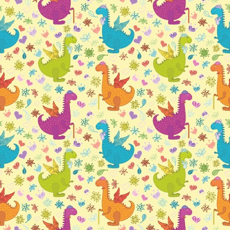Seamless pattern, cartoon colorful Dragons on backgrounds with symbolical flowers and hearts  Vectorのイラスト素材