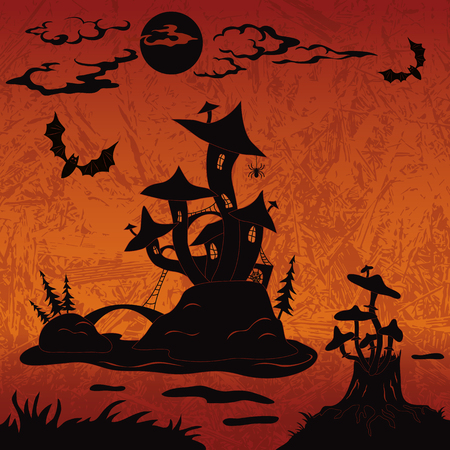 Holiday Halloween landscape with magic mushroom castle on the marsh island, moon, stump with toadstools and bats, black silhouette on abstract background  Vectorのイラスト素材