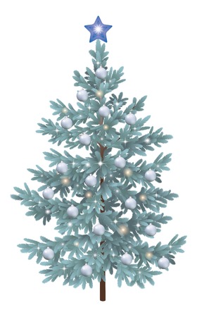 Christmas holiday spruce fir tree with ornaments, balls and stars, isolated on white background  のイラスト素材