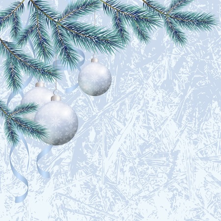 Background for Christmas holiday design, spruce branches and balls with snowflakes. のイラスト素材