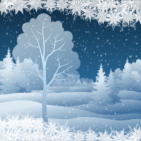 Winter Christmas holiday woodland night landscape with snow covered trees and snowflakesのイラスト素材
