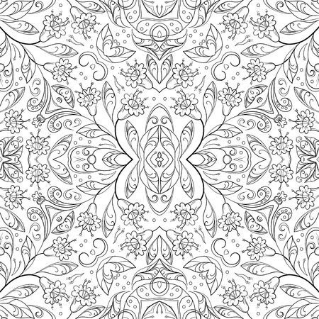 Seamless floral pattern, black symbolical contours isolated on white background. Vectorのイラスト素材