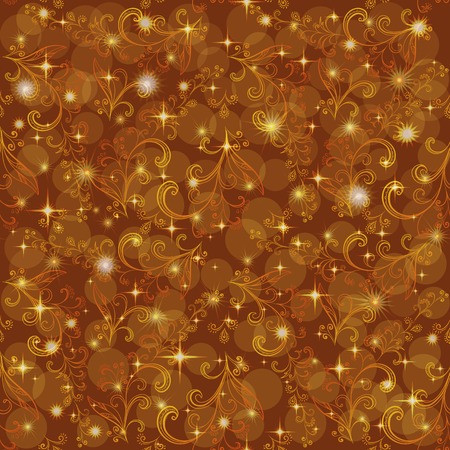 Abstract seamless floral pattern, symbolical outline orange and yellow flowers on background with circles and stars. Eps10, contains transparencies. Vectorのイラスト素材