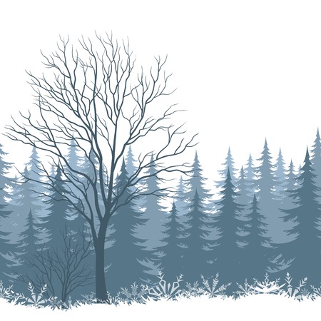 Winter woodland landscape with trees and snowflakes silhouettes. Eps10, contains transparencies. Vectorのイラスト素材