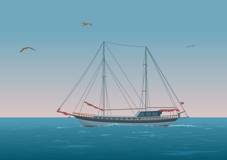 Sailing ship with red sails floating in the morning sea, the birds fly in the sky. Eps10, contains transparencies. Vectorのイラスト素材