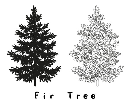 Christmas Spruce Fir Tree Black Silhouette, Contours and Inscriptions Isolated on White Background. Vectorのイラスト素材