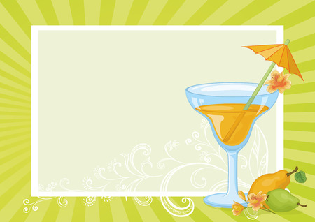 Food and Drink, Glass with Juice, Straw with Umbrella, Pears and Flowers Alstroemeria on the Background with Abstract Floral Pattern and Rays. Eps10, Contains Transparencies. Vectorのイラスト素材