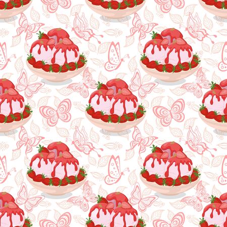 Seamless Background, Cup with Ice Cream, Strawberries, Rose Syrup and Nuts on Pattern with Butterflies and Leaves Contours. Eps10, Contains Transparencies. Vectorのイラスト素材