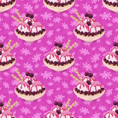 Seamless Background Cup with Ice Cream Berry Cherry Syrup Waffles and Almond Nuts on Abstract Floral Pattern.のイラスト素材