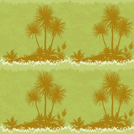 Exotic Seamless Landscape, Ocean Symbolic Island with Silhouettes Palm Trees and Plants on Abstract Grunge Background. Vectorのイラスト素材