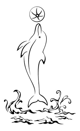 Cartoon Dolphin Jumping Over the Sea Waves, Playing with a Ball, Black Contours Pictogram Isolated on White Background. Vectorのイラスト素材