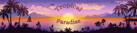 Sea Landscape, Silhouettes Mountain Islands with Palm Trees and Exotic Flowers, Ship, Sky with Clouds, Sun and Birds Gulls the Words Tropical Paradise. Eps10, Contains Transparencies. Vectorのイラスト素材