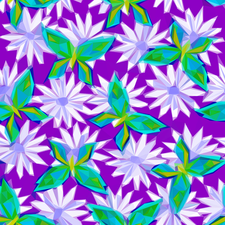 Symbolical Colorful Butterflies and Flowers, Floral Ornament, Polygonal Pattern, Low Poly Background.のイラスト素材