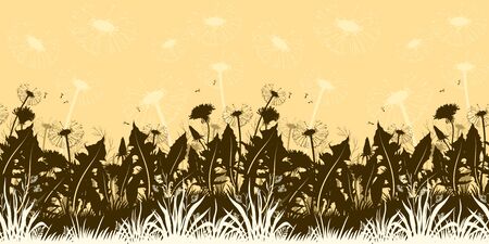 Summer Landscape, Flowers Dandelions with Leaves and Seeds and Grass Silhouettes and Contours, Horizontal Seamless Pattern.のイラスト素材