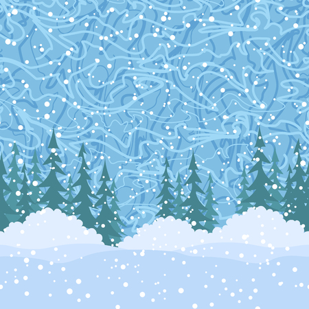 Christmas Holiday Seamless Horizontal Background, Green Fir Trees Silhouettes, Bushes and Blue Sky with White Snow and Abstract Pattern.のイラスト素材