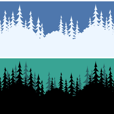 Set Seamless Horizontal Backgrounds, Fir Trees Silhouettes, White on Blue Sky for Christmas Holiday and Summer Night Black on Green.のイラスト素材
