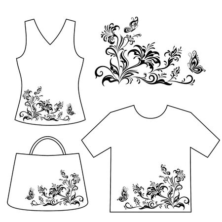 Set Floral Patterns, Symbolical Flowers and Butterflies Black Contour Isolated on White Background, Element for Design, Print and Banner, For the Example Presented in Female Top, Shirt and Bag. Vectorのイラスト素材