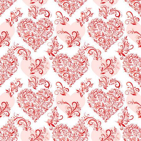 Seamless Background, Valentine Holiday Hearts with Floral Pattern, Leafs and Butterflies, Red Contours and Silhouettes.のイラスト素材