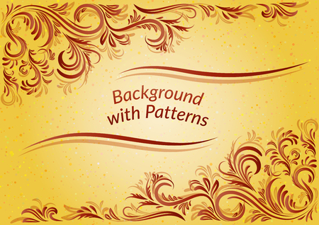 Golden Background with Abstract Vintage Contour Floral Pattern.のイラスト素材