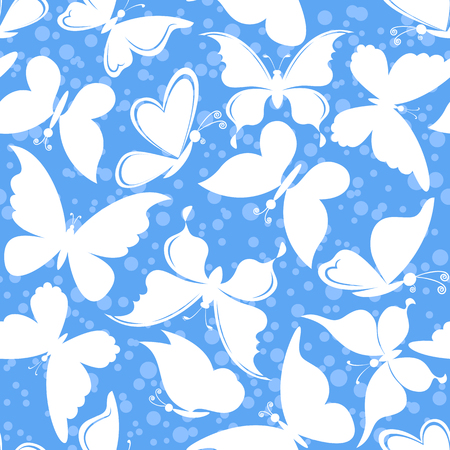 White Silhouettes on Blue Tile Pattern Butterflies. Vectorのイラスト素材