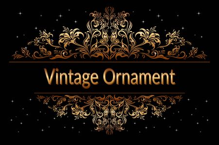 Decorative Golden Frame with Vintage Ornament, Floral Pattern, Flowers and Butterflies Silhouettes on Black Background with Stars. Vectorのイラスト素材