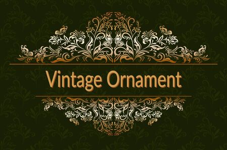 Decorative Golden Frame with Vintage Ornament, Floral Pattern, Flowers and Butterflies Silhouettes on Black Background. Vectorのイラスト素材