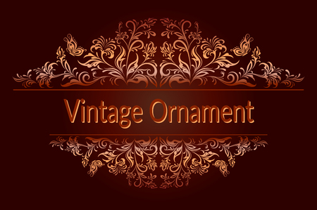 Decorative Golden Frame with Vintage Ornament, Floral Pattern, Flowers and Butterflies Silhouettes on Brown Background.のイラスト素材