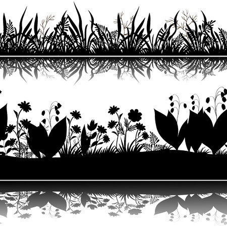 Horizontal Seamless Pattern, Summer Landscape, Flowers and Grass Black Silhouettes and Reflection in Water or Shadow, Isolated on White Background. Vectorのイラスト素材