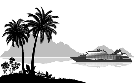 Exotic Sea Landscape, Tropical Palms Trees and Plants, Ship Passenger Liner, Mountains, Black and Grey Silhouettes on White Background. Vectorのイラスト素材