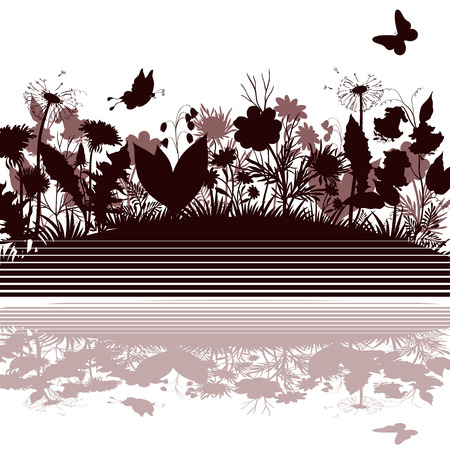 Flowers and Butterflies Silhouettes, Symbolic Landscape on White Background.のイラスト素材