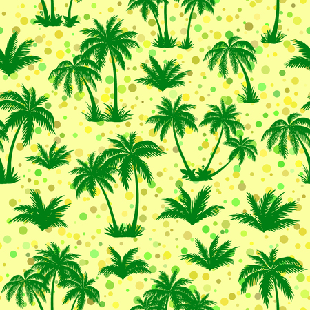 Exotic Seamless Pattern, Tropical Landscape, Palms Trees Green Silhouettes on Abstract Tile Background. Vectorのイラスト素材