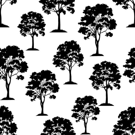Seamless Pattern, Maple Tree, Black Silhouette Isolated on Tile White Background. Vectorのイラスト素材