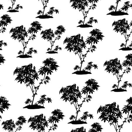 Seamless Pattern, Castor Plant, Black Silhouette Isolated on Tile White Background. Vectorのイラスト素材