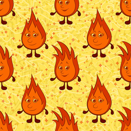 Tile Pattern, Cartoon Smiling Funny Flames with Red Hair on Abstract Seamless Background. Vectorのイラスト素材