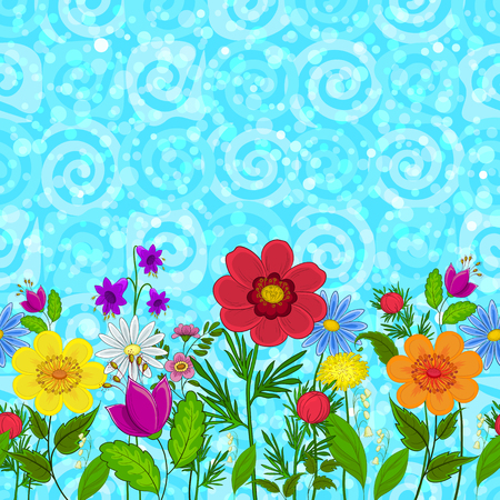 Horizontal Seamless Background, Colorful Flowers on Abstract Blue Sky Background with Spirals and Circles. Vectorのイラスト素材