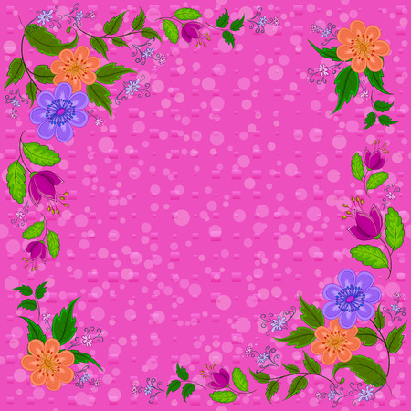 Frame from Flowers and Green Leafs on Pink Background. Vectorのイラスト素材