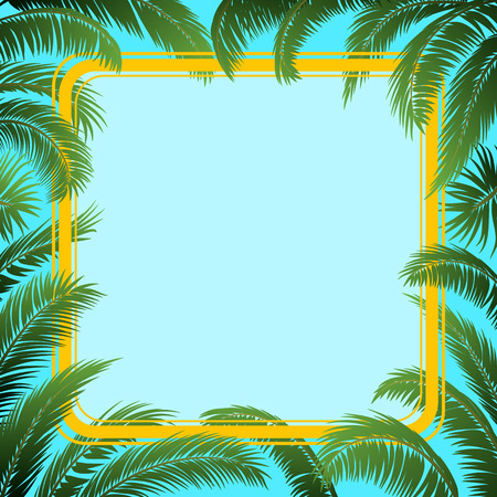 Green Tropical Palm Tree Leaves and Yellow Frame vector illustrationのイラスト素材