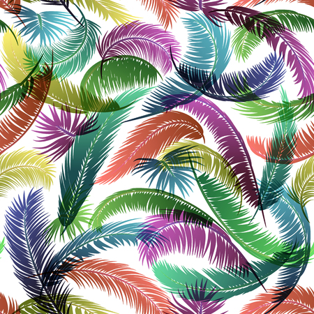 Seamless Pattern, Tropical Palm Trees Colorful Branches with Leaves Silhouettes on Tile White Background. Vectorのイラスト素材