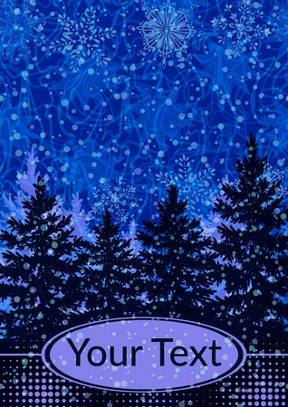 Christmas Holiday Landscape, Winter Forest, Spruce Fir Trees and Snowflake Silhouettes and Place for Your Text on Abstract Blue Background. Vectorのイラスト素材
