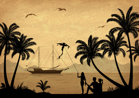 Exotic Landscape, People with Kites on Tropical Beach with Palm Trees Silhouettes, Ship In Ocean, Seagulls and Mountain Silhouettes. Vectorのイラスト素材